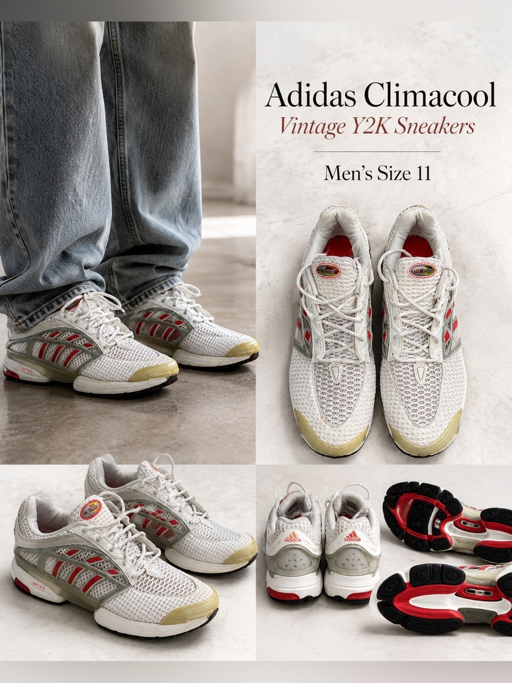 Adidas Vintage Y2K Climacool 1 Athletic Sneakers White Red Men’s Size 11